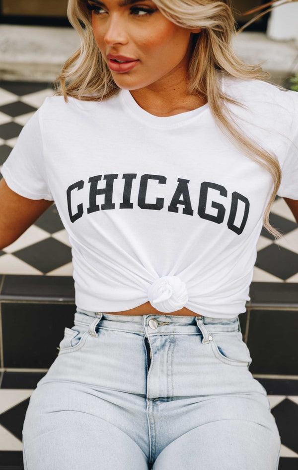femme luxe White Oversized 'Chicago' Slogan Print Short Sleeve T-Shirt - Dalisha