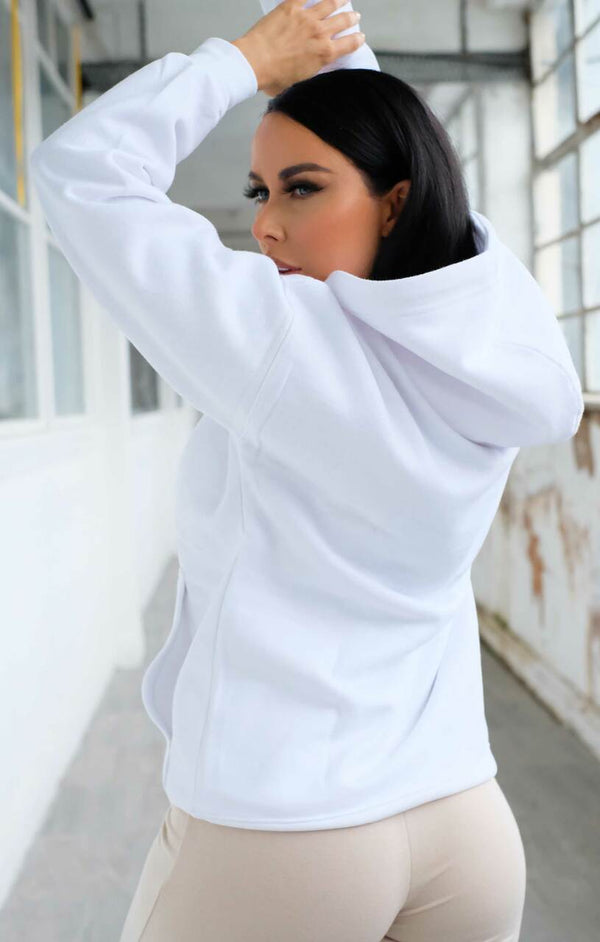 Femme Luxe White Oversized Matching Drawstring Rib Cuff & Hem Pocket Hoodie - Melissa