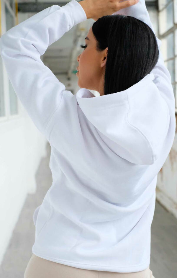 Femme Luxe White Oversized Matching Drawstring Rib Cuff & Hem Pocket Hoodie - Melissa