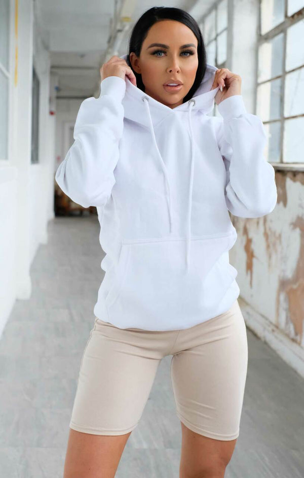 femme luxe White Oversized Matching Drawstring Rib Cuff & Hem Pocket Hoodie - Melissa