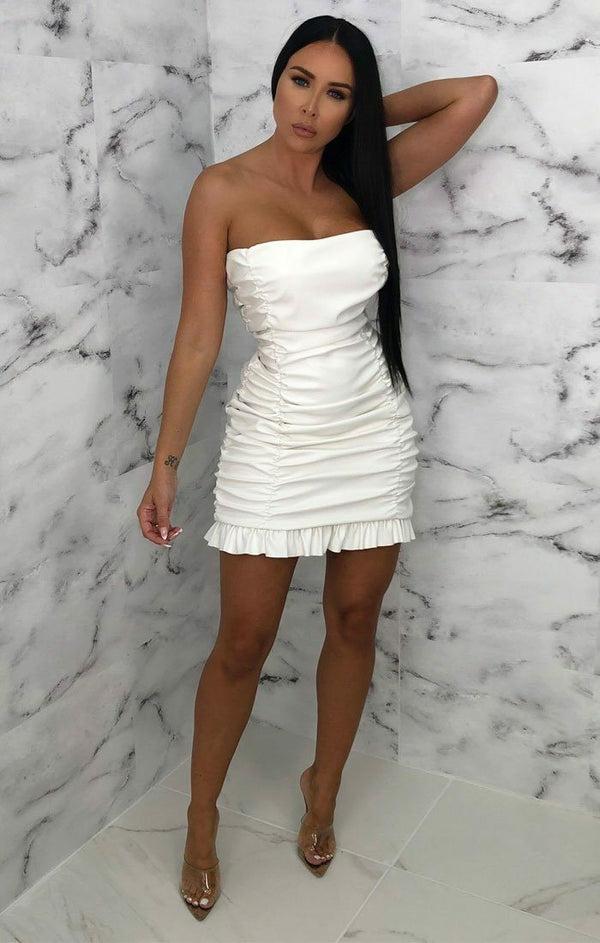 Femme Luxe White PU Ruffle Strapless Bodycon Mini Dress - Brody