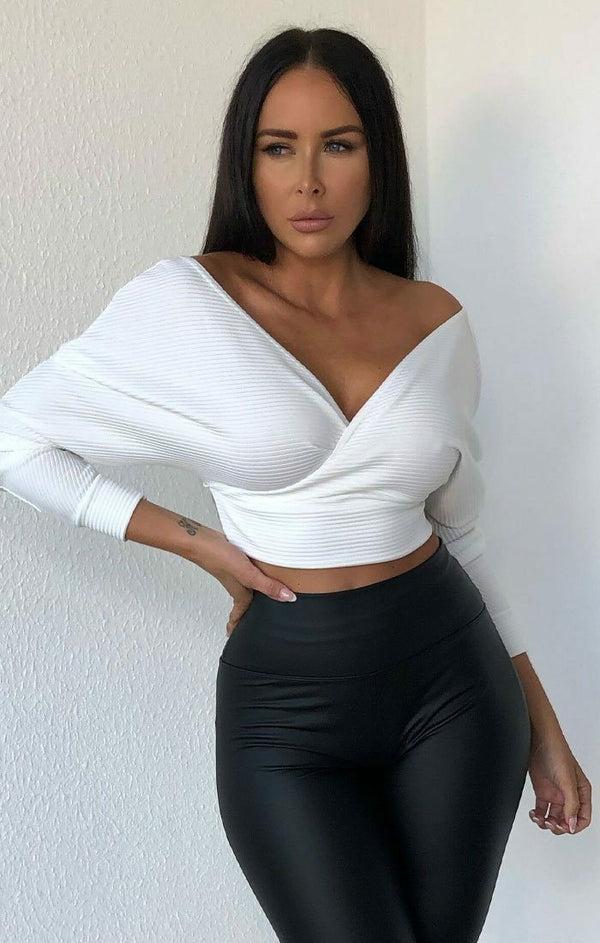 Femme Luxe White Ribbed Off The Shoulder Crop Top - Kourt