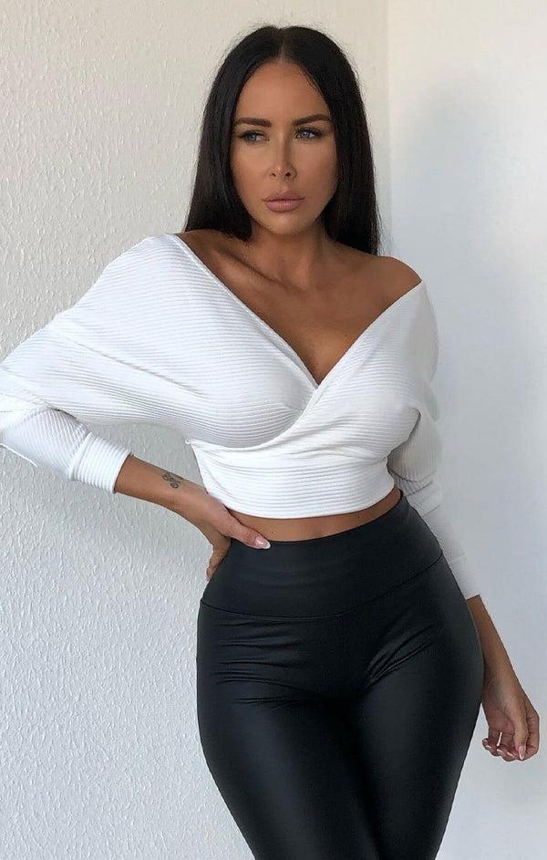 femme luxe White Ribbed Off The Shoulder Crop Top - Kourt