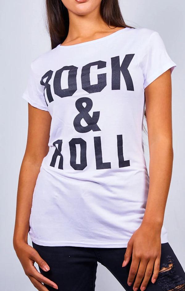 Femme Luxe White ‘Rock & Roll’ Slogan Print T-Shirt - Carisella