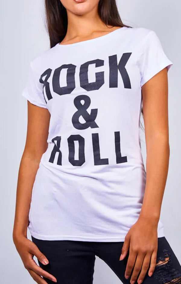 Femme Luxe White ‘Rock & Roll’ Slogan Print T-Shirt - Carisella