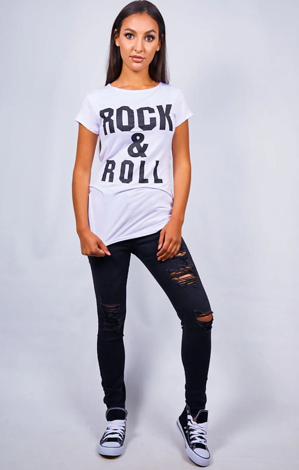 femme luxe White ‘Rock & Roll’ Slogan Print T-Shirt - Carisella