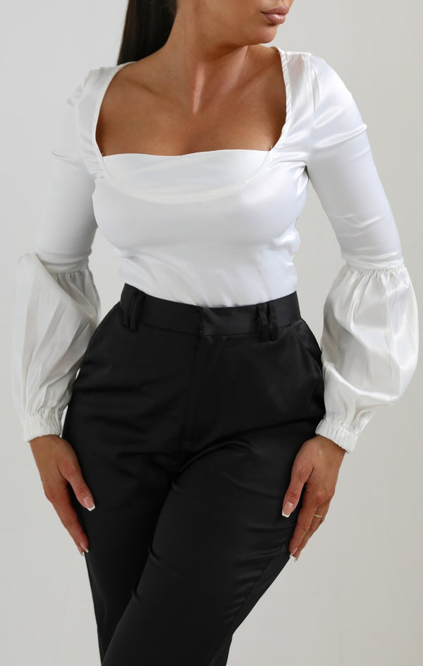 Femme Luxe White Square Neck Puff Sleeve Satin Top - Hina