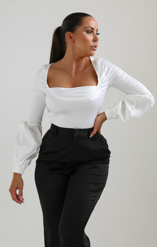 Femme Luxe White Square Neck Puff Sleeve Satin Top - Hina
