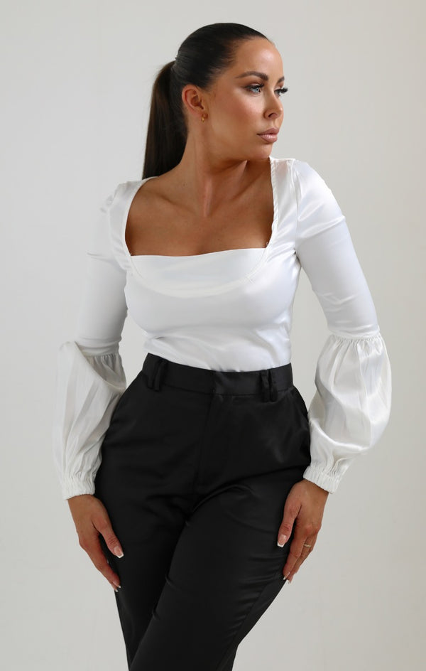 femme luxe White Square Neck Puff Sleeve Satin Top - Hina