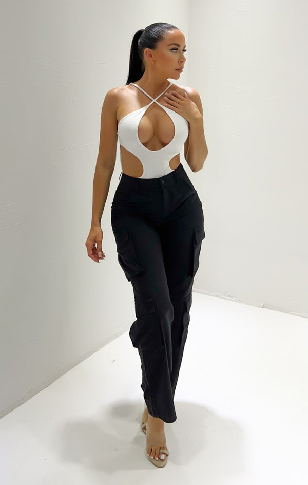 Femme Luxe White Strappy Halter Neck Cut Out Bodysuit - Alya