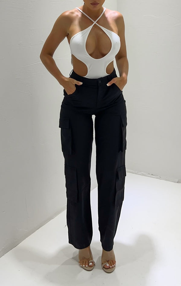 Femme Luxe White Strappy Halter Neck Cut Out Bodysuit - Alya