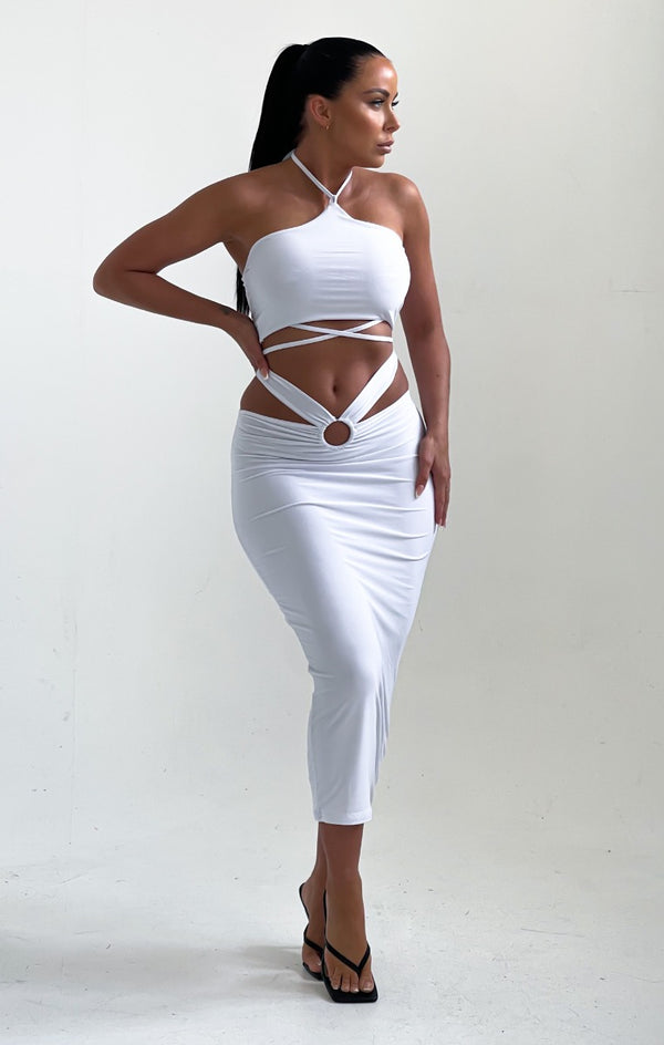 Femme Luxe White Strappy Halter Neck Ring Detail Skirt Co-ord - Monika