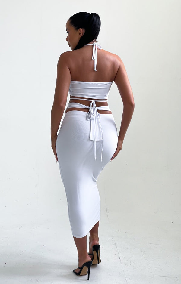 Femme Luxe White Strappy Halter Neck Ring Detail Skirt Co-ord - Monika