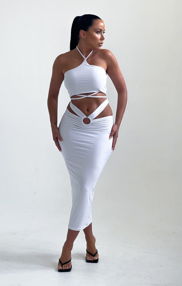 femme luxe White Strappy Halter Neck Ring Detail Skirt Co-ord - Monika