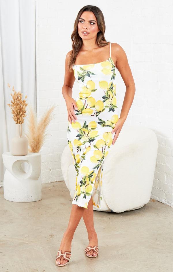 Femme Luxe White Strappy Printed Bodycon Maxi Dress - Dorothy