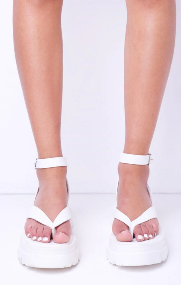 Femme Luxe White Toe Thong Chunky Platform Ankle Strap Sandals - Luretta