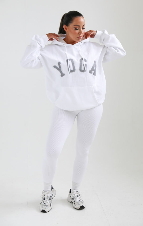 Femme Luxe White Yoga Slogan Oversized Hoodie - Laverne