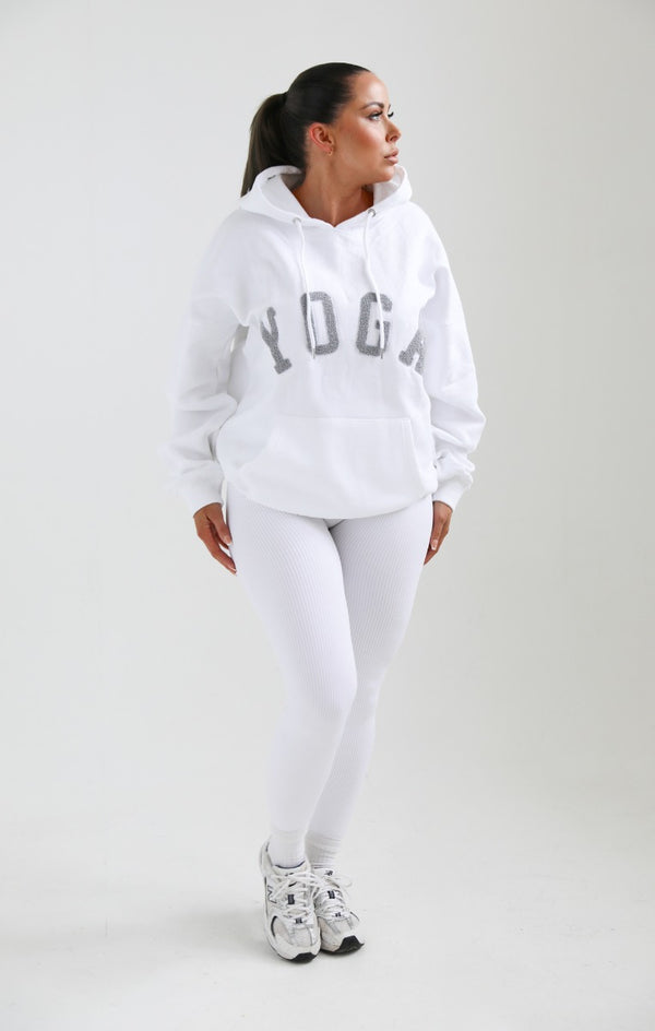 Femme Luxe White Yoga Slogan Oversized Hoodie - Laverne