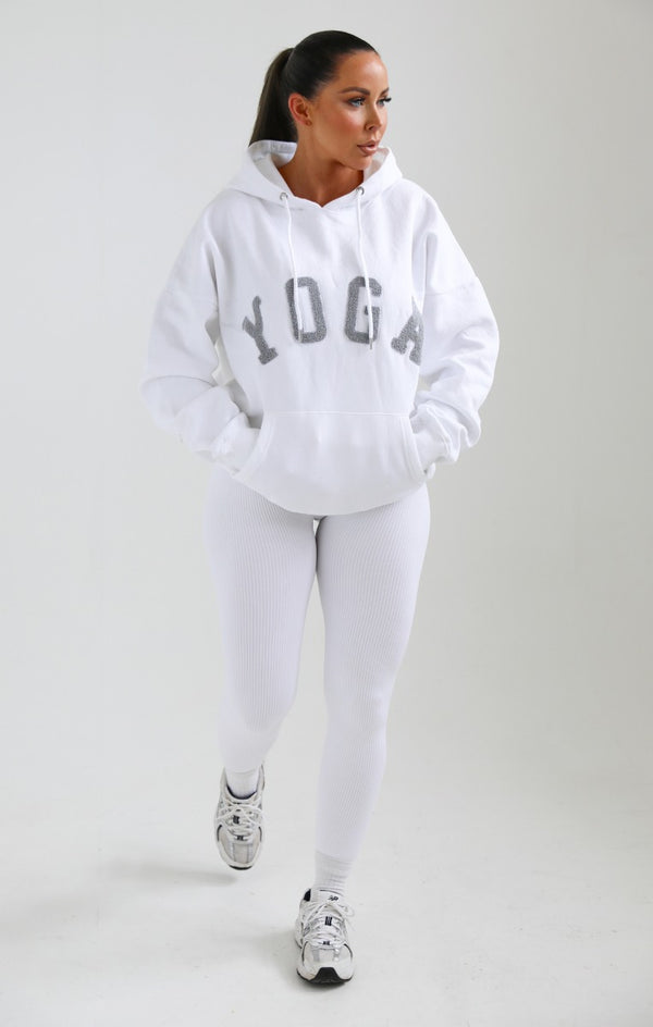 femme luxe White Yoga Slogan Oversized Hoodie - Laverne