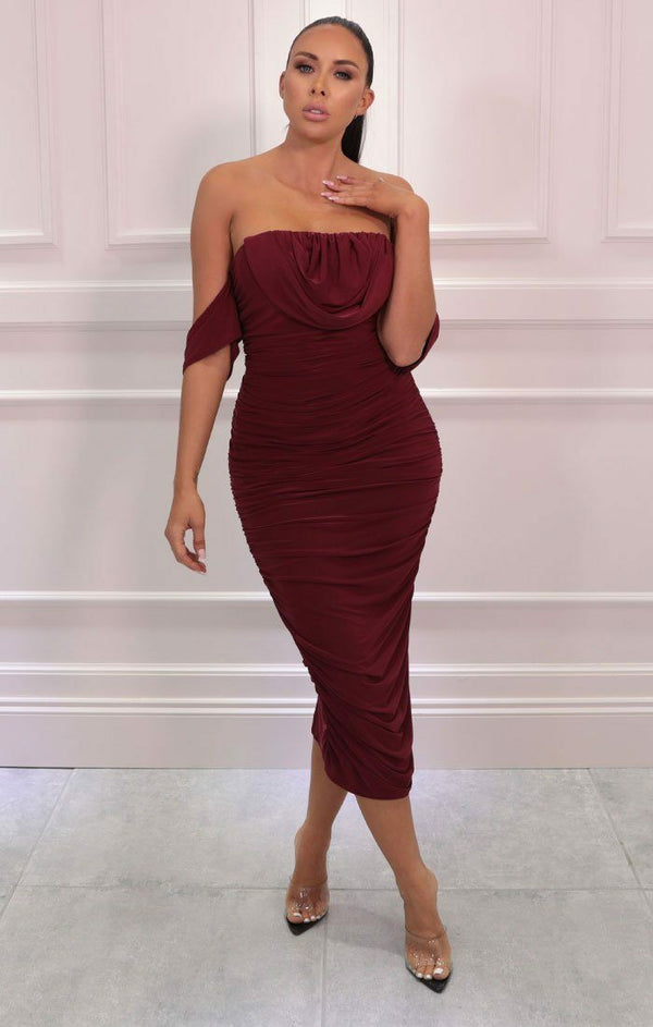 Femme Luxe Wine Bardot Cowl Neck Ruched Midi Dress - Malia