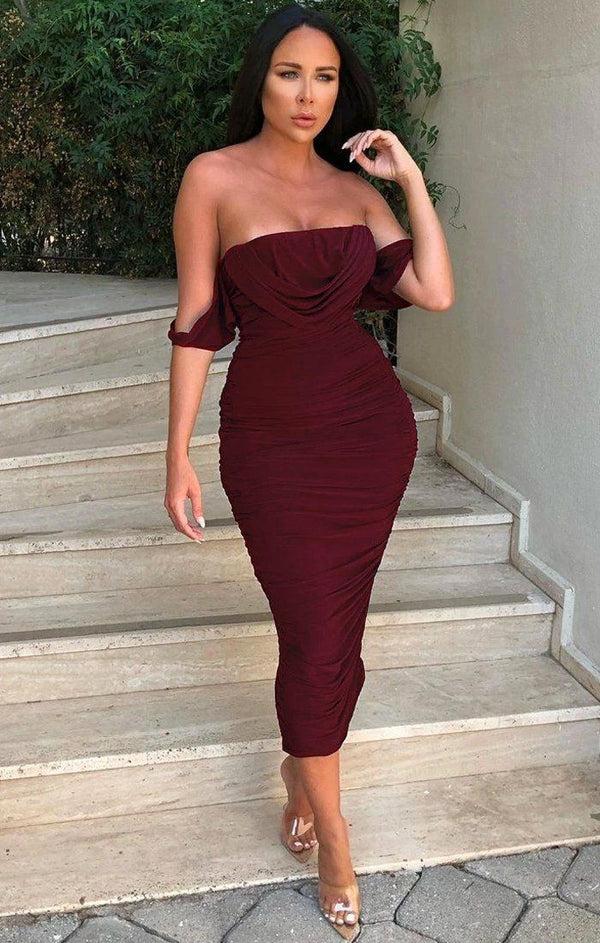 femme luxe Wine Bardot Cowl Neck Ruched Midi Dress - Malia