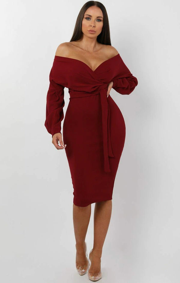 Femme Luxe Wine Belted Bodycon Midi Wrap Dress - Angelica