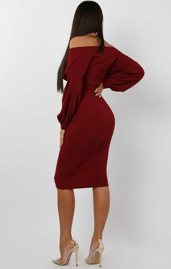 Femme Luxe Wine Belted Bodycon Midi Wrap Dress - Angelica