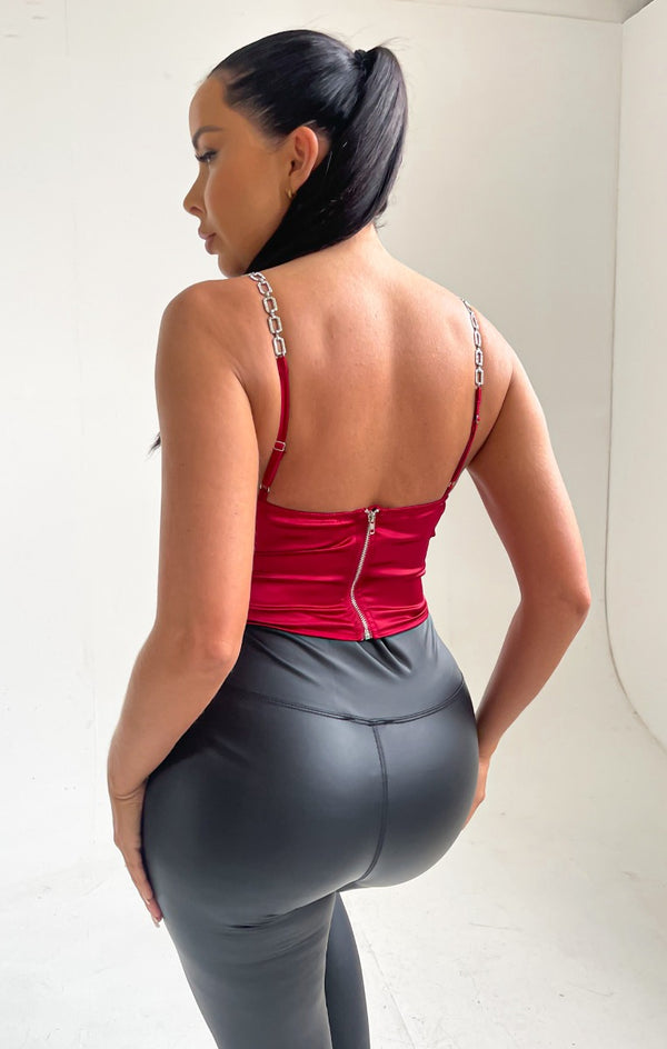 Femme Luxe Wine Diamante Straps Satin Corset Top - Hetty