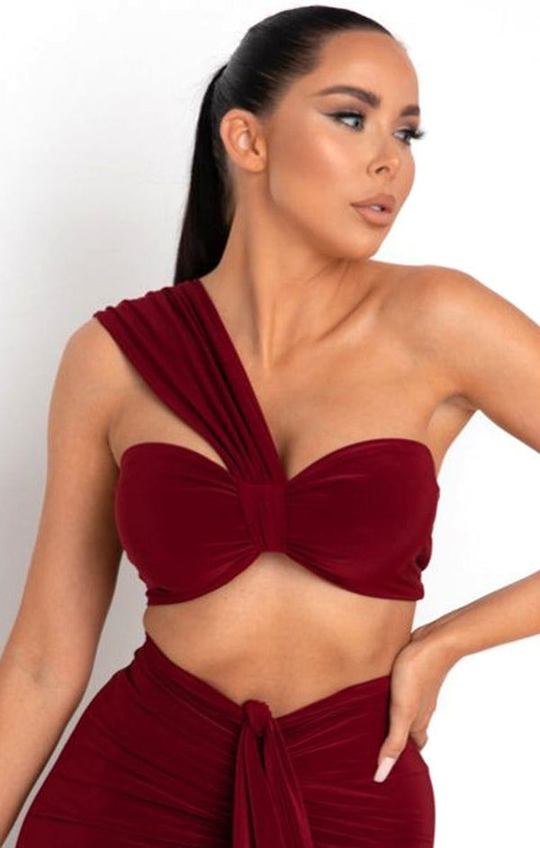 femme luxe Wine One Shoulder Knot Bralette Top - Julie