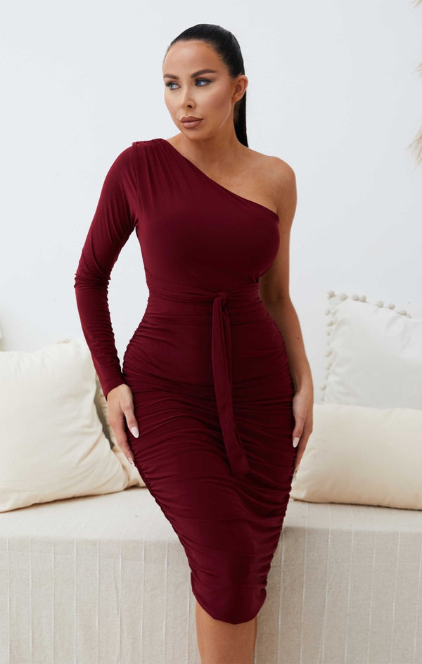 femme luxe Wine One Shoulder Ruched Slinky Midi Dress - Savannah