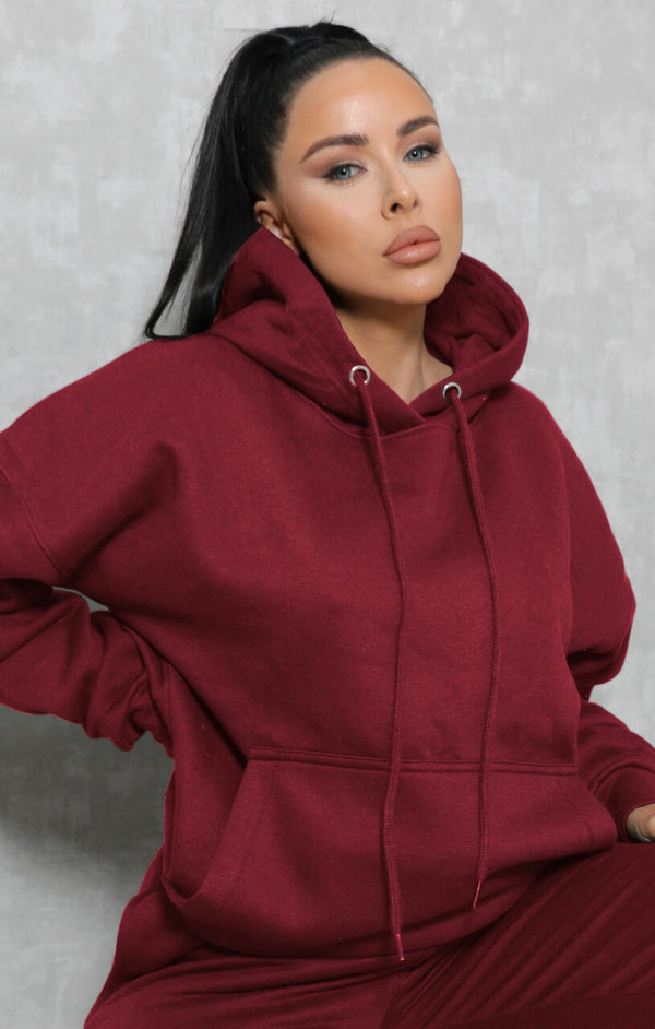 femme luxe Wine Oversized Drawstring Pocket Casual Hoodie - Ella