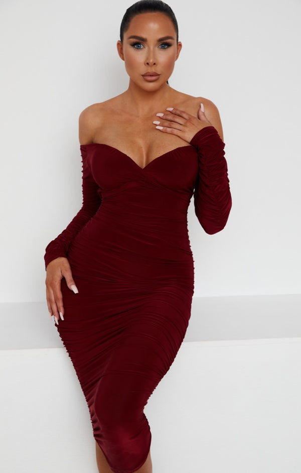 Femme Luxe Wine Ruched Bardot Long Sleeve Bodycon Mini Dress - Mindy