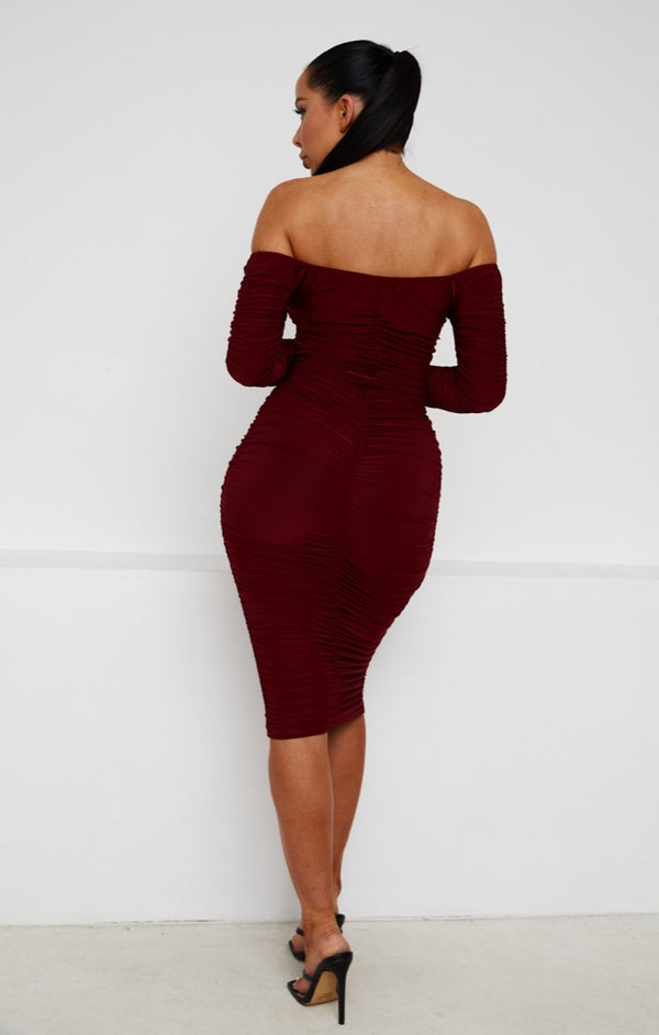 Femme Luxe Wine Ruched Bardot Long Sleeve Bodycon Mini Dress - Mindy