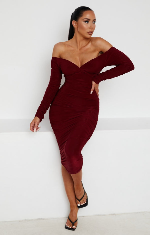 femme luxe Wine Ruched Bardot Long Sleeve Bodycon Mini Dress - Mindy