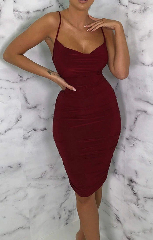 Femme Luxe Wine Ruched Cowl Neck Bodycon Mini Dress - Sofie