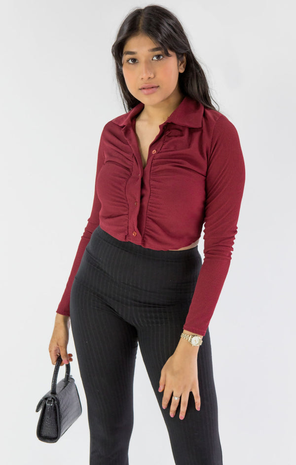 Femme Luxe Wine Ruched Front Cropped Shirt - Valerica