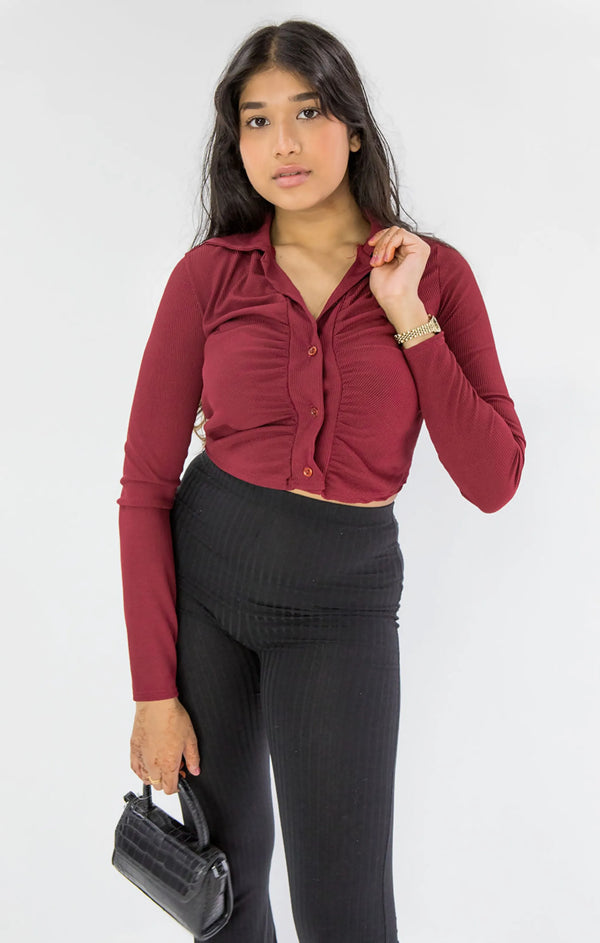 femme luxe Wine Ruched Front Cropped Shirt - Valerica