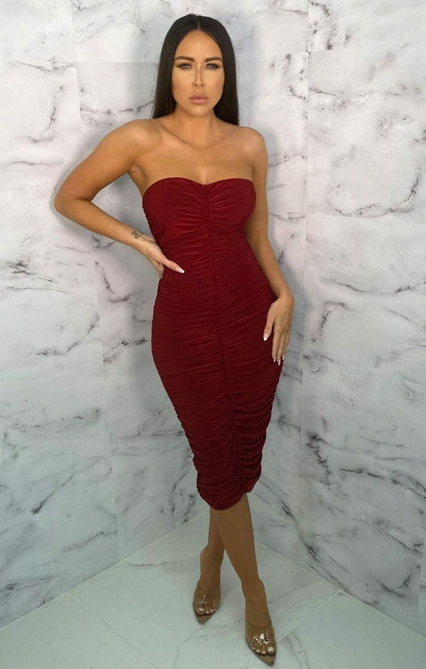 Femme Luxe Wine Ruched Strapless Bodycon Midi Dress - Vita