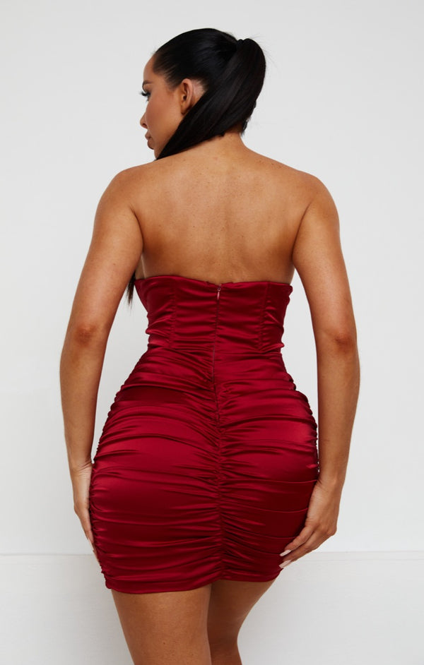 Femme Luxe Wine Satin Strapless Boned Corset Style Bodycon Mini Dress - Aleka