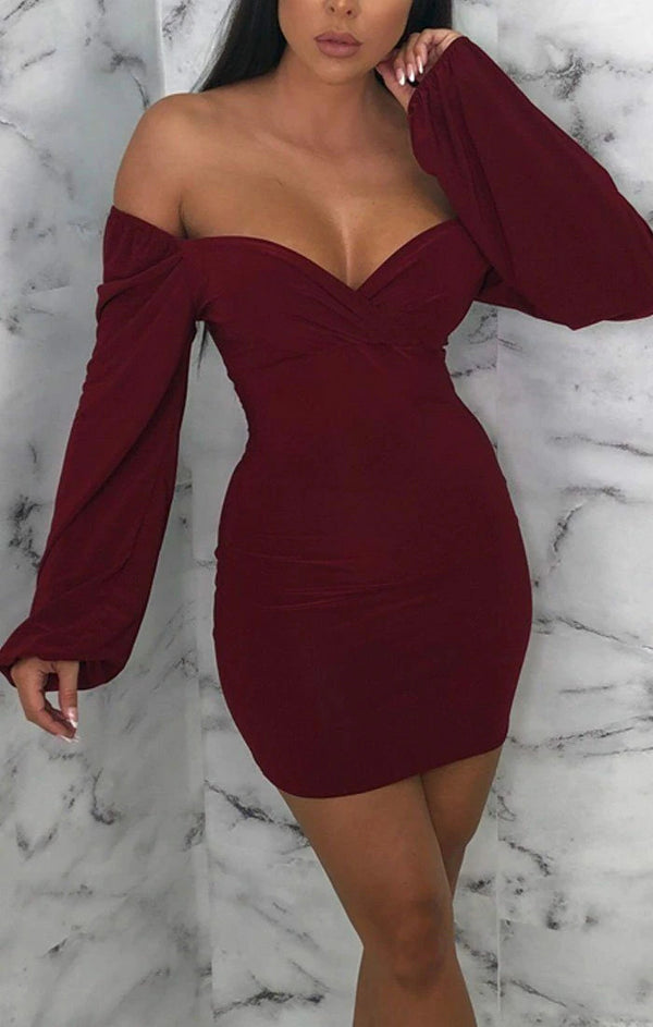Femme Luxe Wine Slinky Balloon Sleeve Bardot Mini Dress - Meghan
