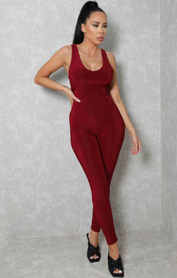 femme luxe Wine Slinky Plunge Straight Leg Strappy Jumpsuit - Tiffany