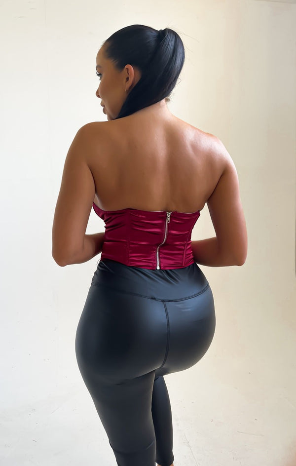 Femme Luxe Wine Strapless Cup Detail Boned Corset Top - Fern