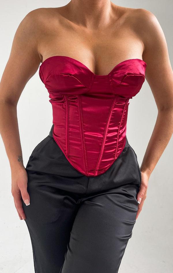 femme luxe Wine Strapless Cup Detail Boned Corset Top - Fern