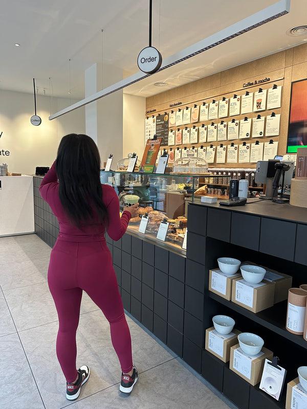 Femme Luxe Wine Stretch Long Sleeve Top And Leggings Activewear Set - Elara