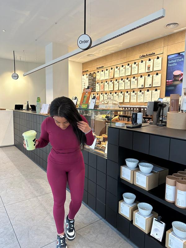 Femme Luxe Wine Stretch Long Sleeve Top And Leggings Activewear Set - Elara