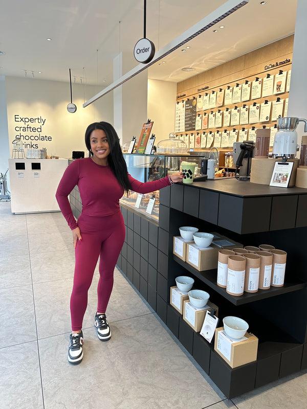 Femme Luxe Wine Stretch Long Sleeve Top And Leggings Activewear Set - Elara