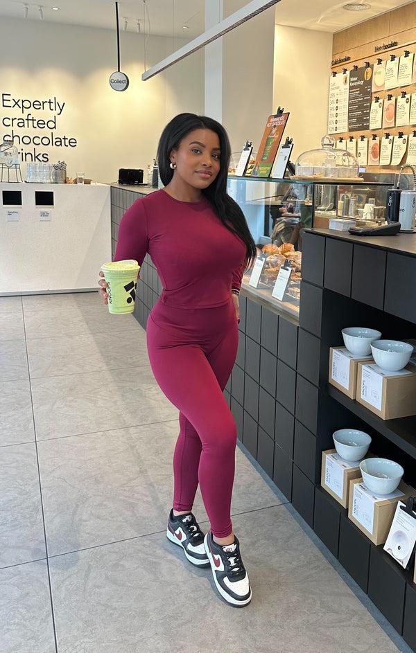 femme luxe Wine Stretch Long Sleeve Top and Leggings Activewear Set - Elara