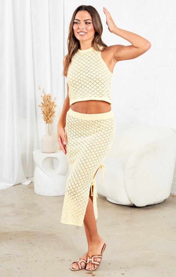 Femme Luxe Yellow Crochet Knitted Top And Midi Skirt Slit Tie Side Set Co Ord - Lily