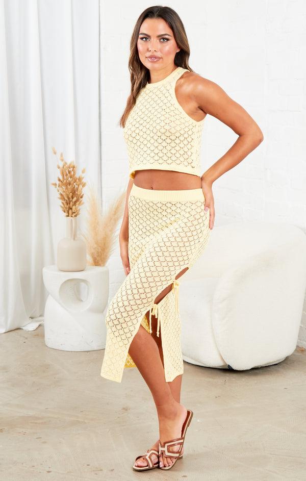 Femme Luxe Yellow Crochet Knitted Top And Midi Skirt Slit Tie Side Set Co Ord - Lily