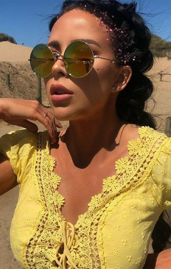 Femme Luxe Yellow Mirrored Circle Sunglasses - Adelina